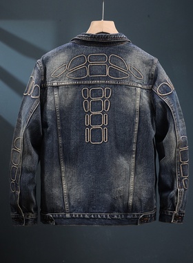 秋冬2025新款欧美街头牛仔外套男翻领休闲夹克男装刺绣痞帅上衣服