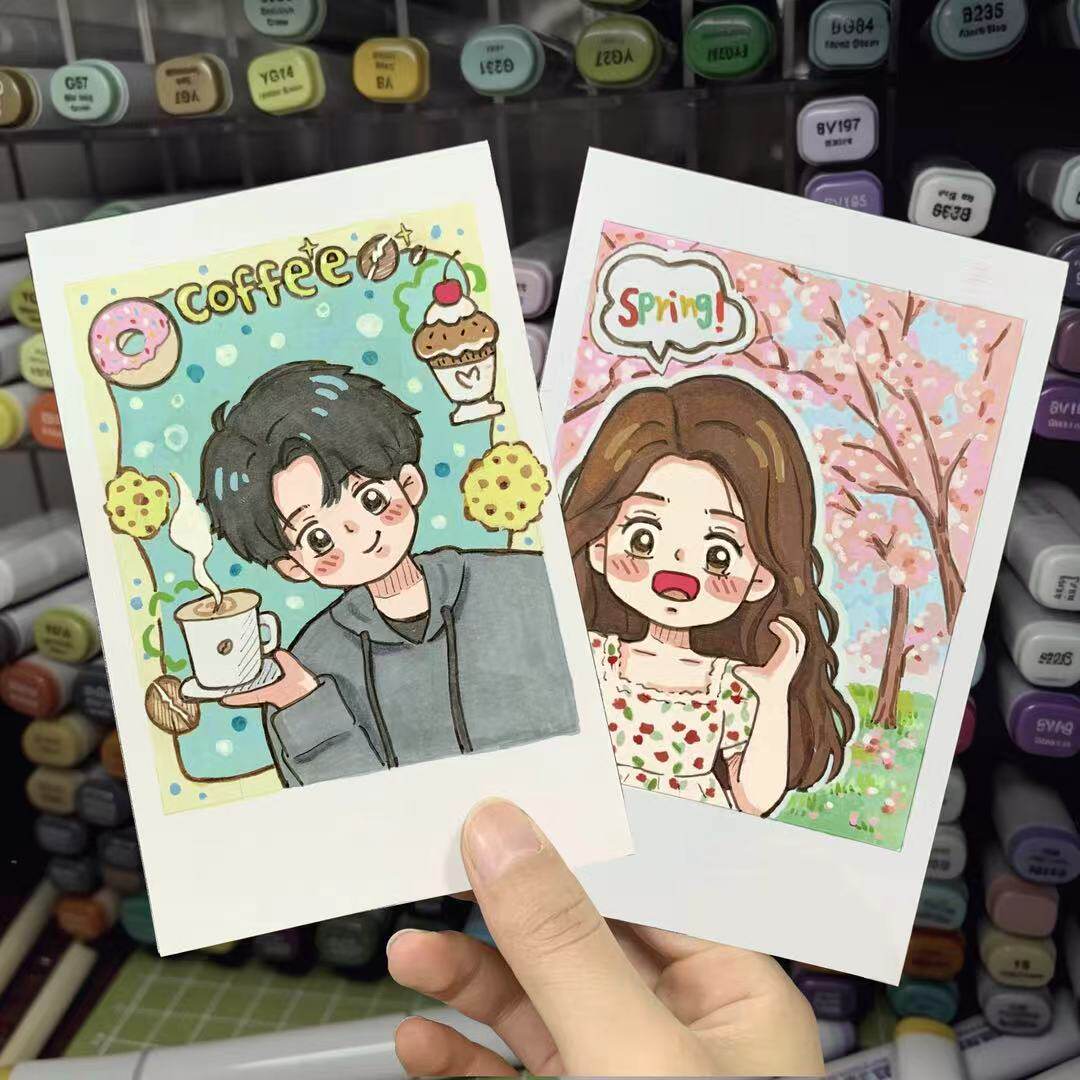 手绘小卡人物卡通画像q版形象代画纸绘画设计情侣闺蜜礼物diy定制