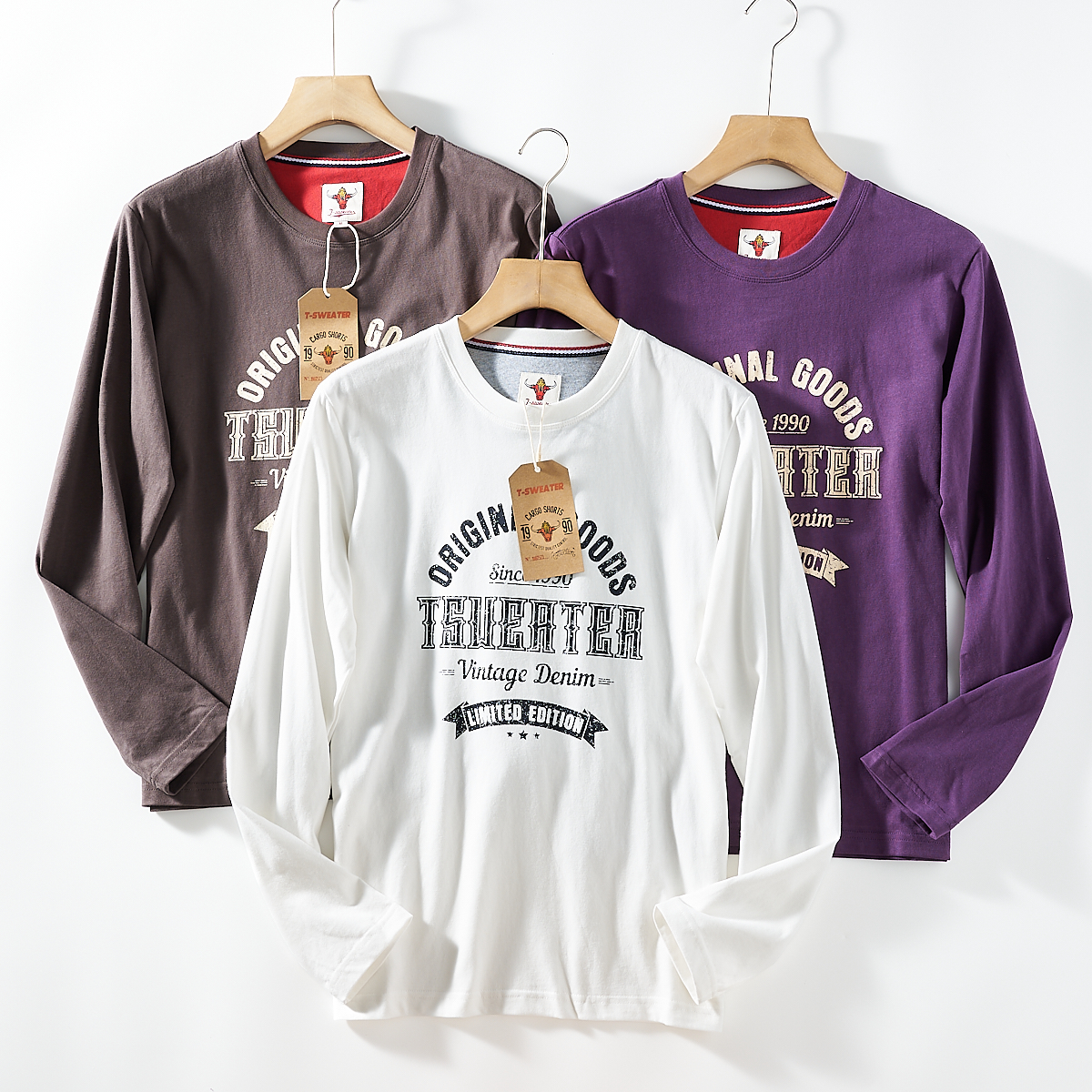 美式运动风！打底巨好穿！男士圆领印花字母棉质透气休闲长袖T恤