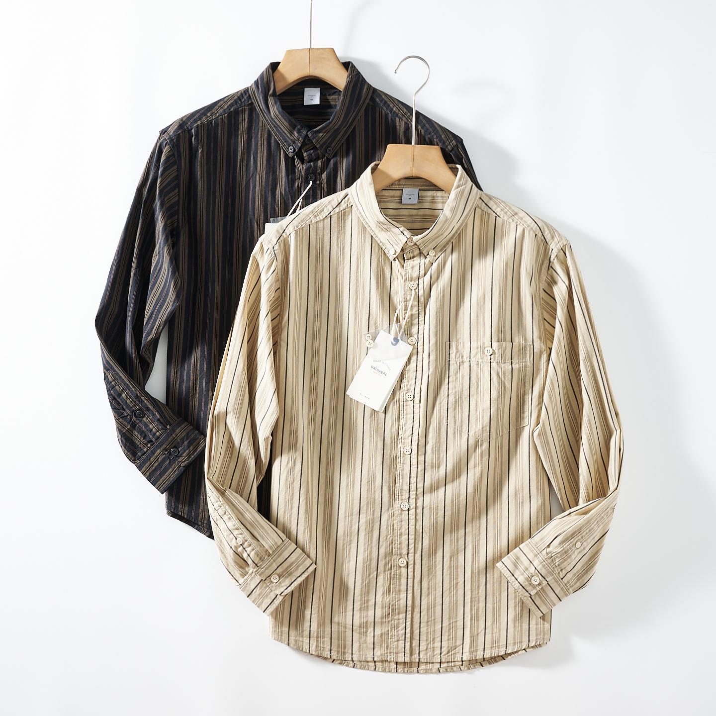 日系宽松条纹复古衬衫外套秋季新款男士休闲长袖衬衣水洗纯棉上衣