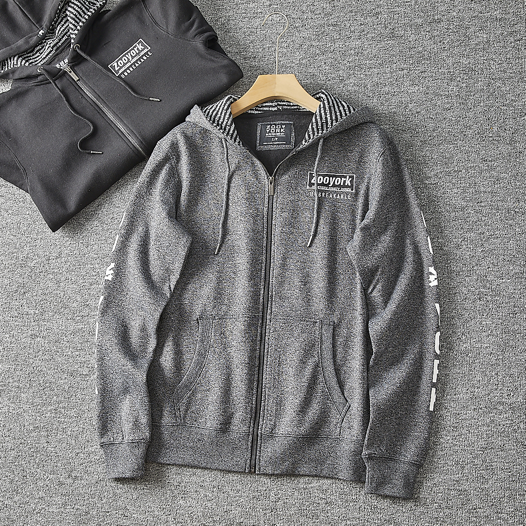 美国单 春季男款刺绣胶印字母柔软抓绒连帽开衫卫衣外套上衣0.65k