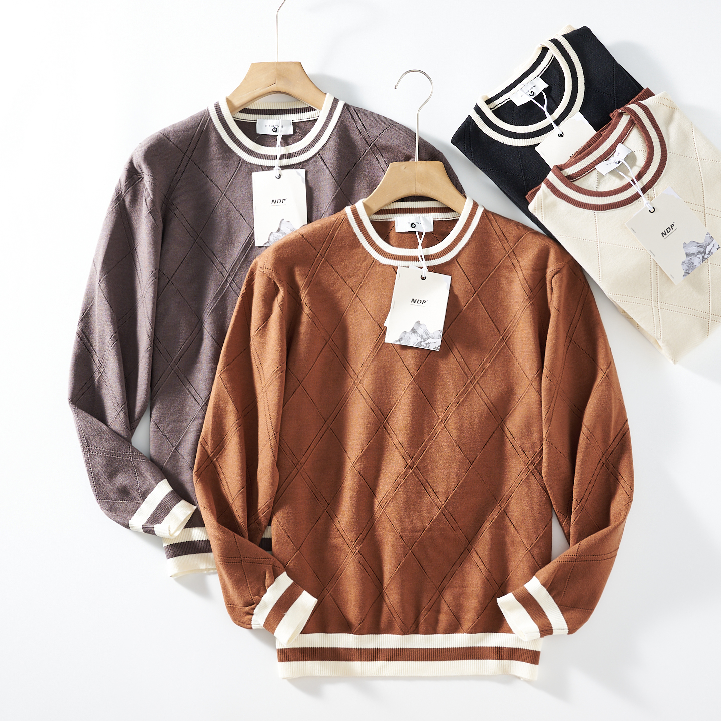 轻奢线！菱形格镂空提花！男款秋季撞色圆领细腻百搭保暖针织衫潮