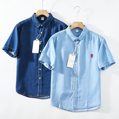 莱赛尔+棉！帅气有型！ 外贸男装夏季情侣款百搭休闲牛仔短袖衬衫