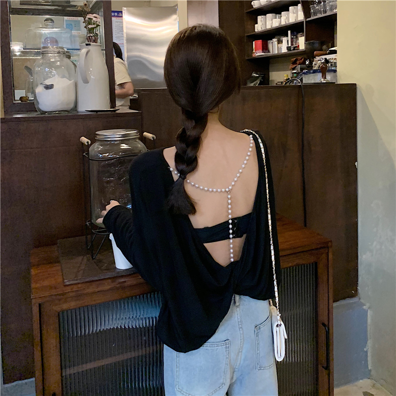 Real shot cotton spring dress sexy open back pearl round neck loose and versatile Long Sleeve T-Shirt Top