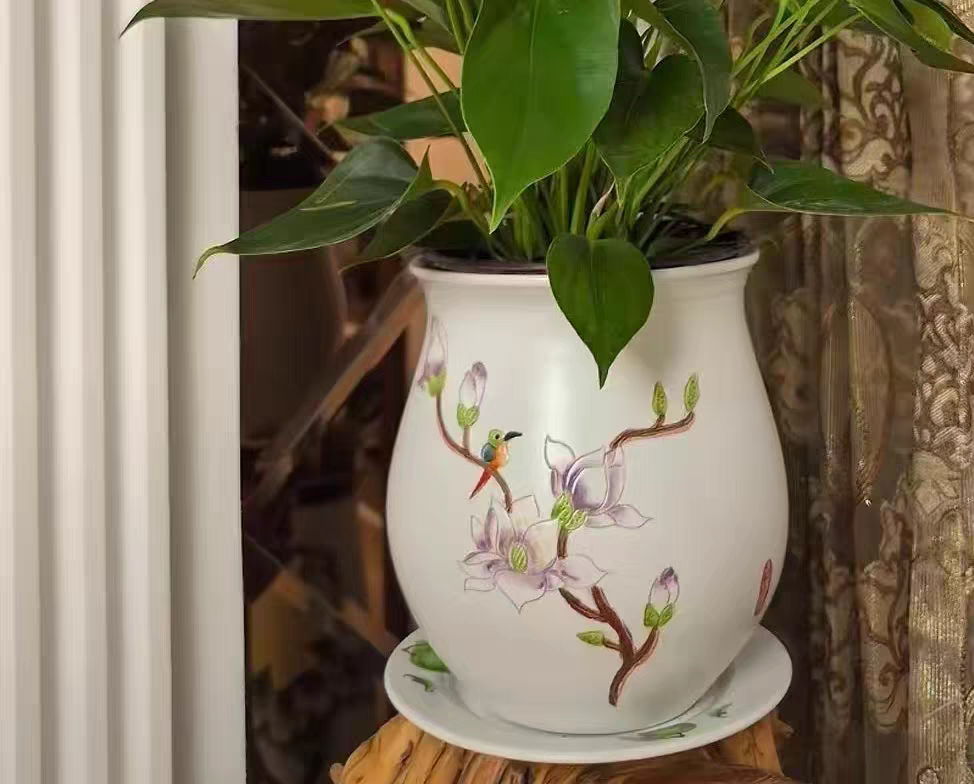 景德镇陶瓷花盆透气粗陶手绘雕刻绿植三角梅花盆有孔