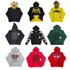 Sp5Der Spider Zipper Hoodie Jacket for Men and Women, Loose Street Fashion Brand, Spider Web Fur Collar Atlanta