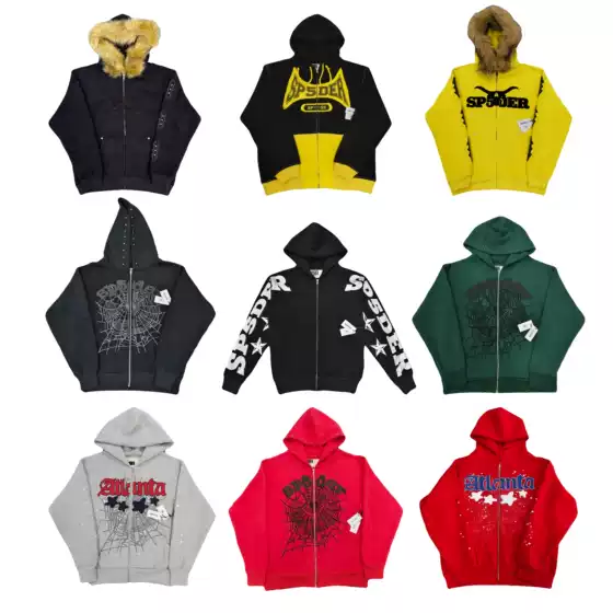 Sp5Der Spider Zipper Hoodie Jacket for Men and Women, Loose Street Fashion Brand, Spider Web Fur Collar Atlanta