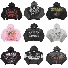 Vale Valley American High Street Letter Print Retro Washed Distressed Terry Hooded Sweatshirt Cardigan