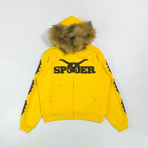 SP5DER YELLOW FUR HOODED ZIP UP SWEATSHIRT毛领短款卫衣帽衫