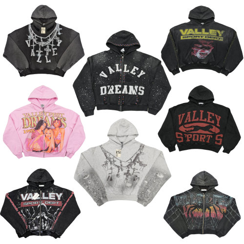 Vale Valley美式高街字母印花复古水洗做旧毛圈连帽卫衣开衫