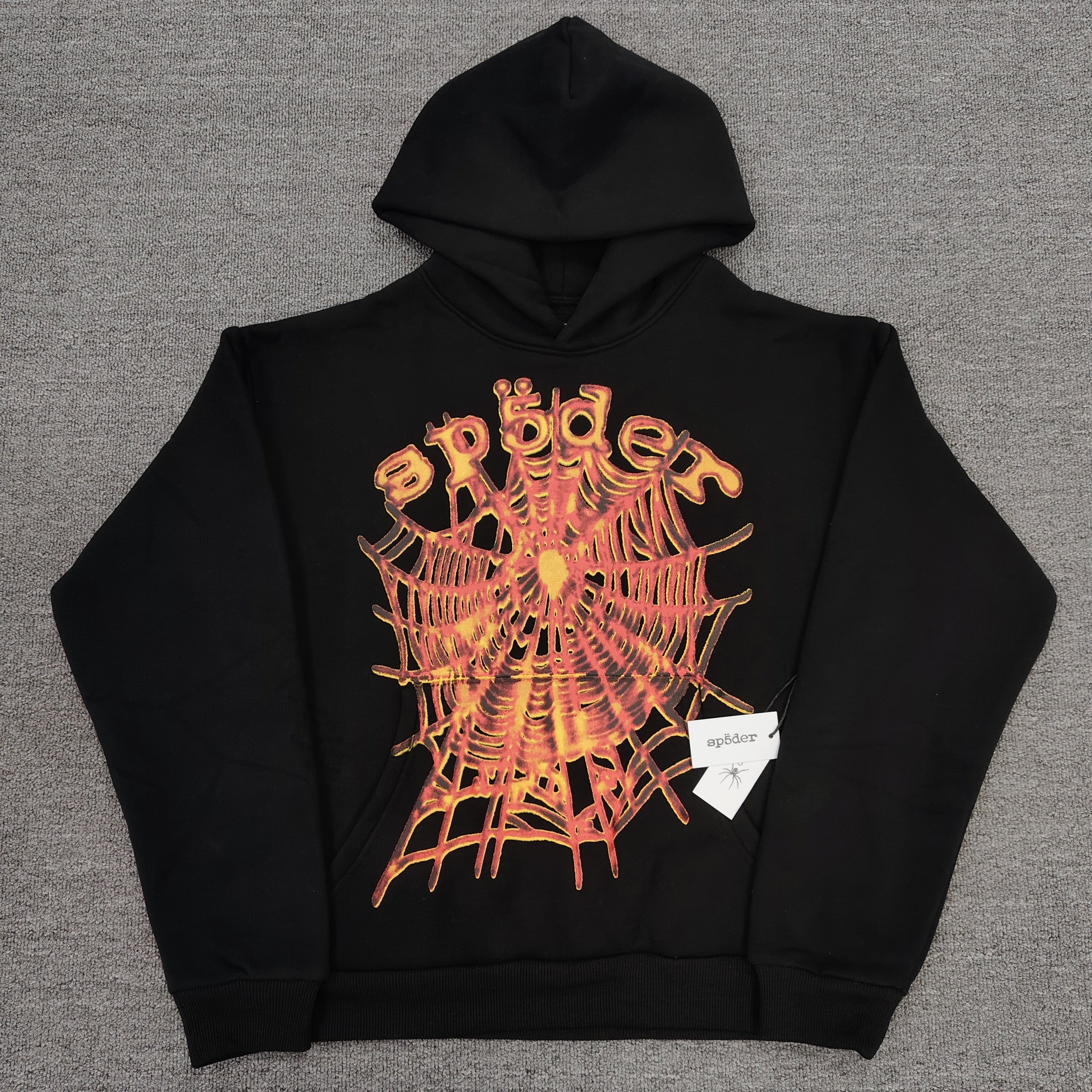 SP5DER欧美外贸蜘蛛网印花连帽卫衣黑色套头帽衫男女同款潮流街头