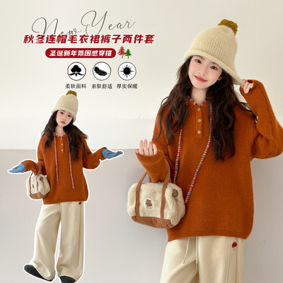 女童毛衣秋冬款2025新款儿童加厚连帽针织衫女大童冬装毛线衣内搭