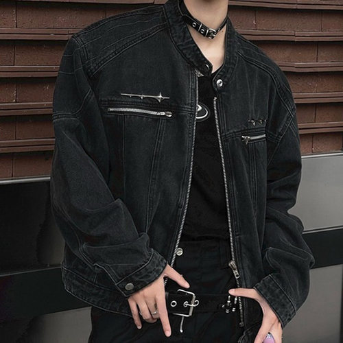 美式高街牛仔外套男春秋款高级感潮牌男装设计感立领夹克上衣外套