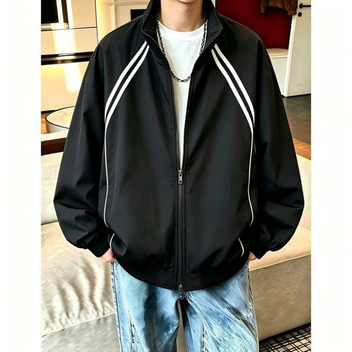 条纹立领夹克男春秋季新款潮牌宽松户外冲锋衣男休闲百搭情侣外套