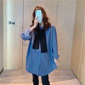 孕妇春秋装 潮妈时尚 长袖 宽松哺乳衬衫 衬衣上衣中长款 洋气送坎肩