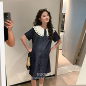 牛仔连衣裙小个子减龄显瘦孕妇裙子 娃娃领短袖 诺初孕妇装 洋气