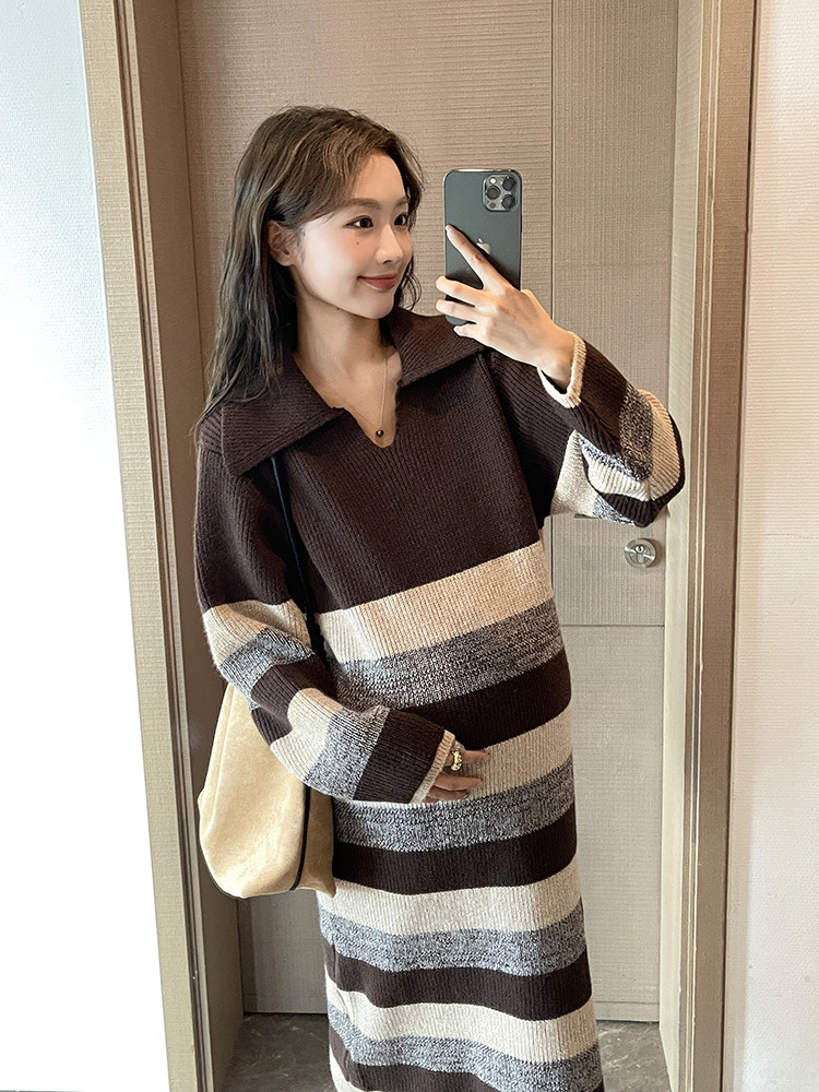 메일라드 서양식 출산복 니트 원피스 가을 겨울 상의 루즈한 스트라이프 스웨터 출산 스커트 가을복