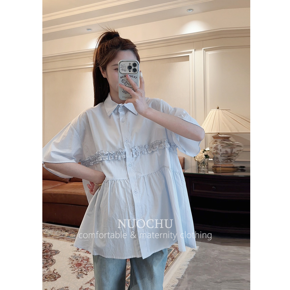 孕婦裝夏季新款娃娃領花邊襯衫
