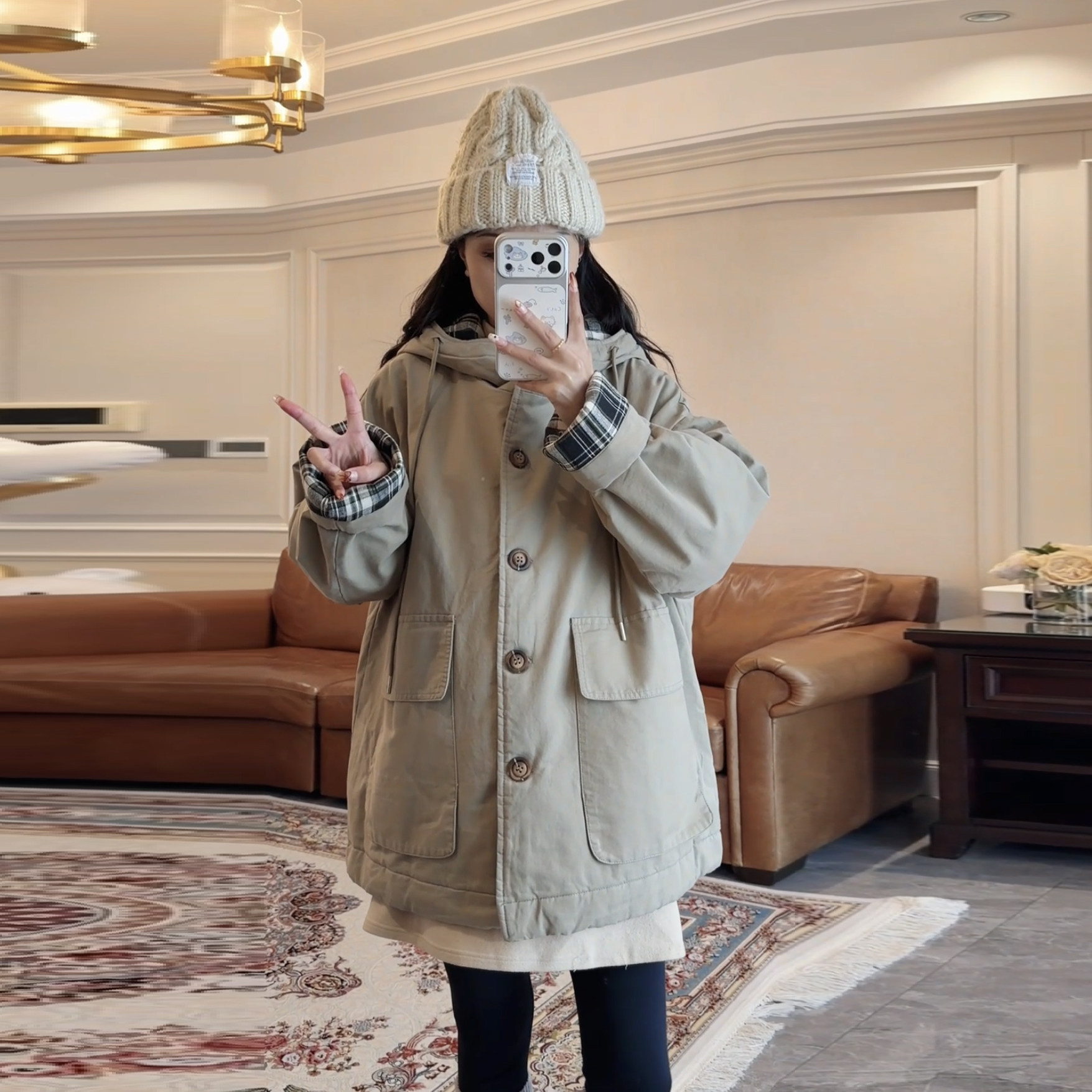 孕妇中长款格纹拼接棉服