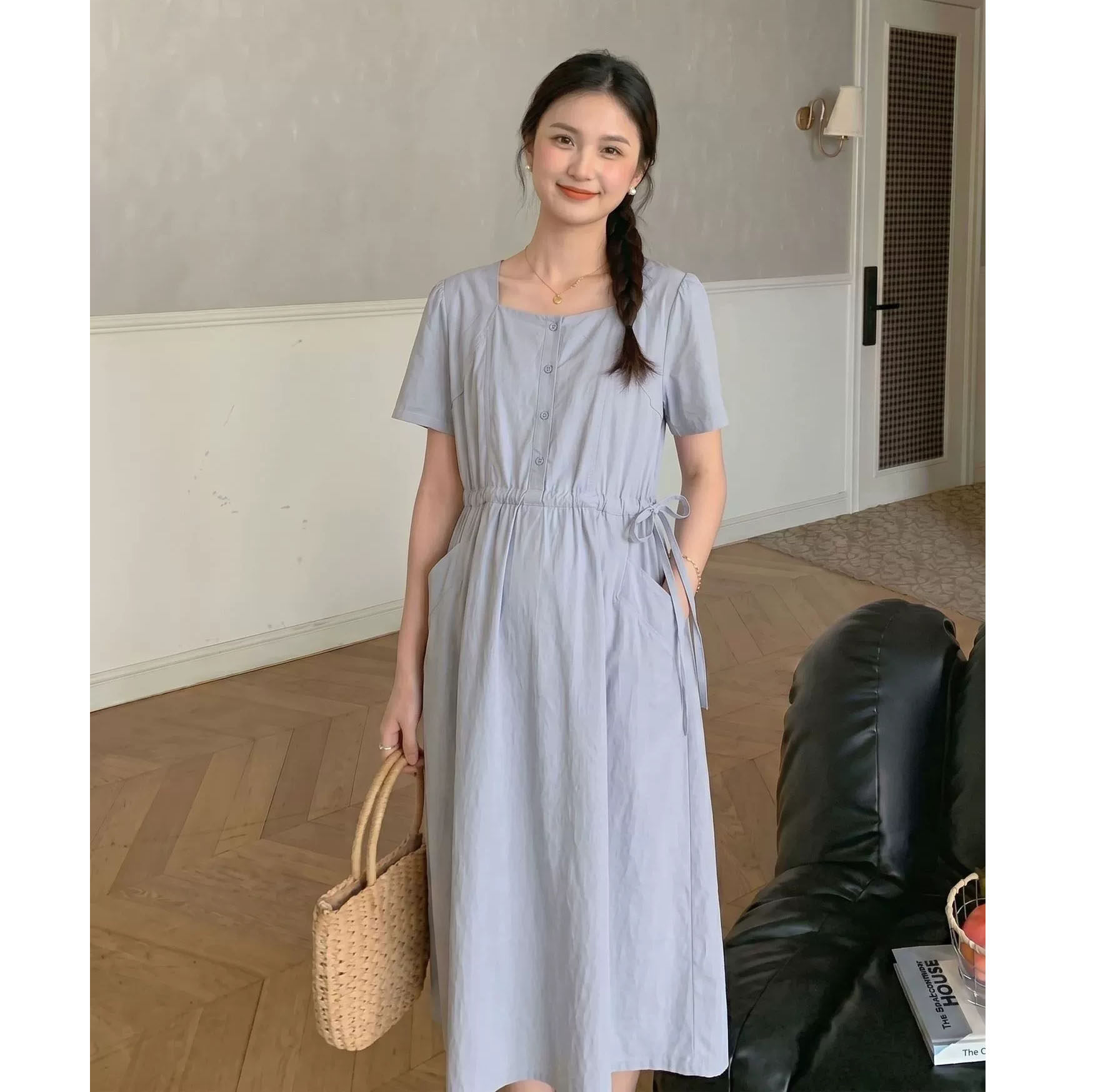 ◆诺初◆孕装极简风短袖连衣裙女收腰显瘦中长款A字裙纯棉气质