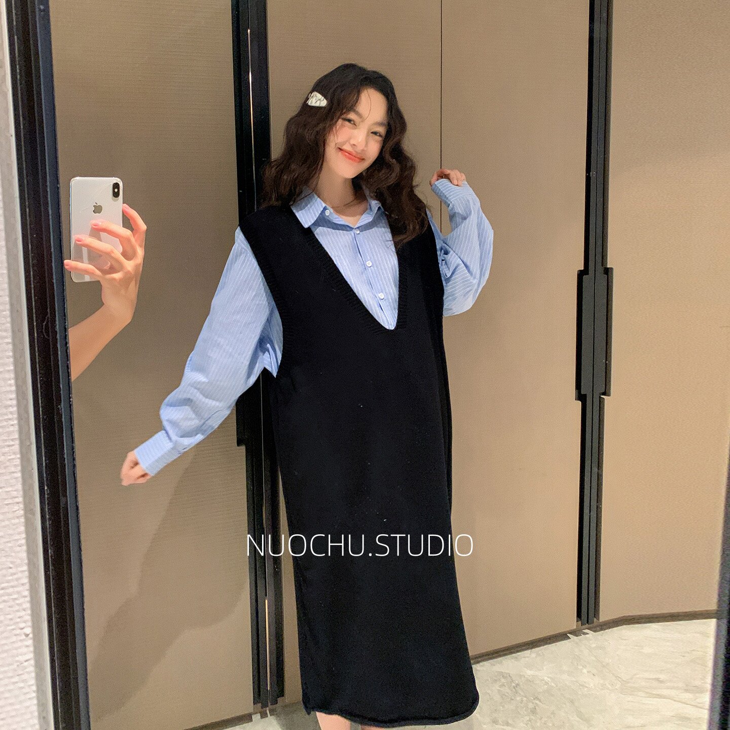 ◆诺初◆孕妇V领针织背心裙春秋宽松显瘦遮肚孕期叠穿休闲连衣裙