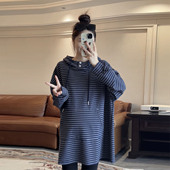 中长款 打底衫 上衣 宽松条纹慵懒风连帽卫衣女春秋款 诺初孕妇装