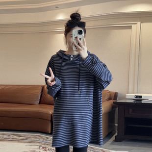 中长款 打底衫 上衣 宽松条纹慵懒风连帽卫衣女春秋款 诺初孕妇装