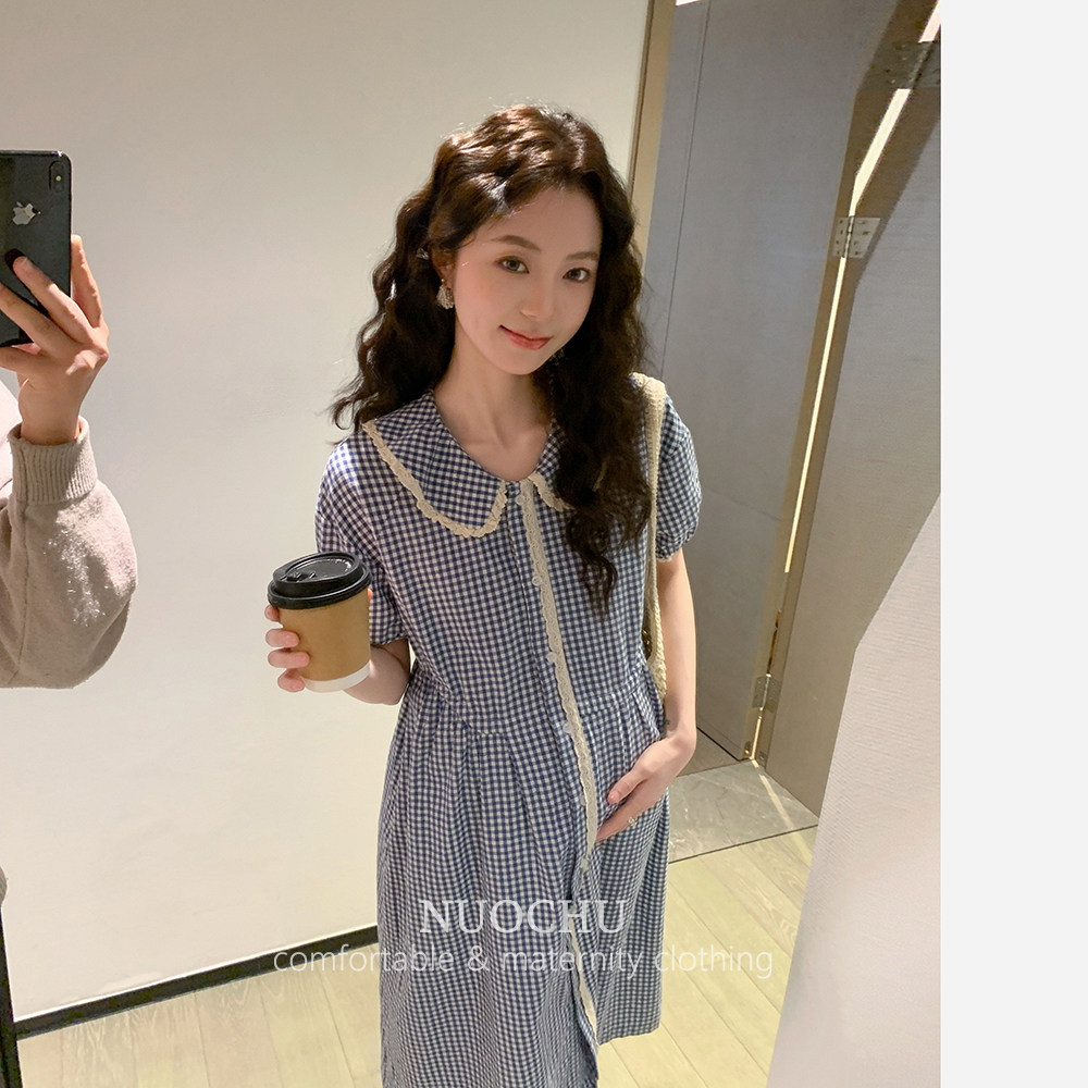 诺初孕妇装◆棉麻短袖连衣裙宽松气质蓝格子孕妇衣夏装哺乳衣裙子