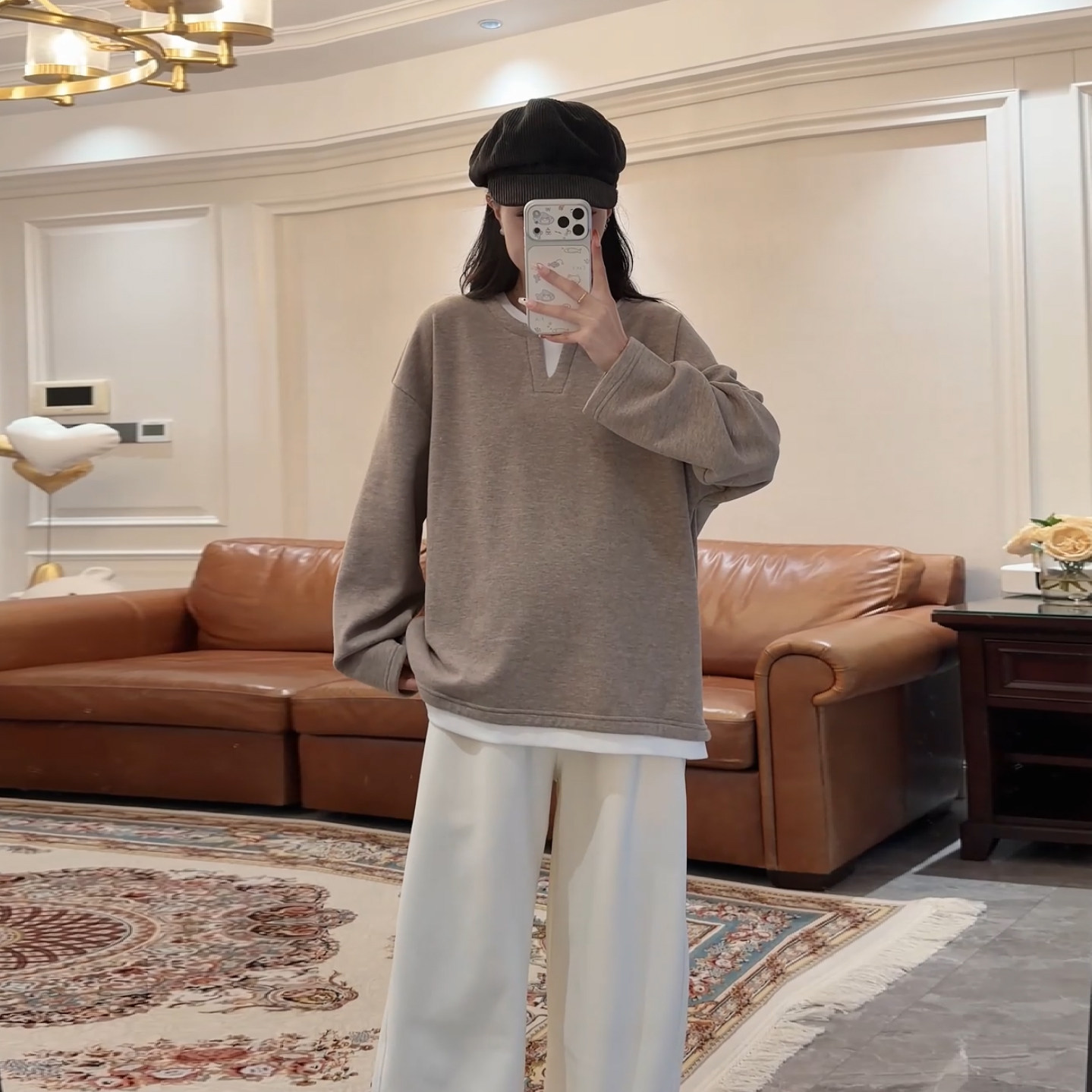 慵懒风V领宽松显瘦针织棉女