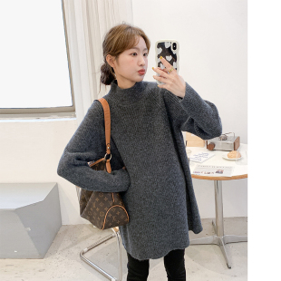 上衣 慵懒风柔软加厚打底衫 孕妇毛衣秋冬半高领套头中长款 宽松大码