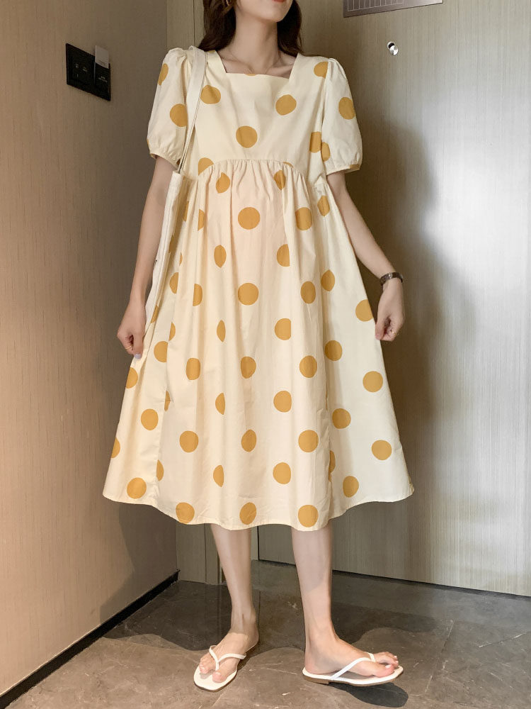 임산부 여름옷 패셔너블한 한국식 도트무늬 무릎위 롱스커트 트렌디한 엄마 반팔 여름 루즈원피스