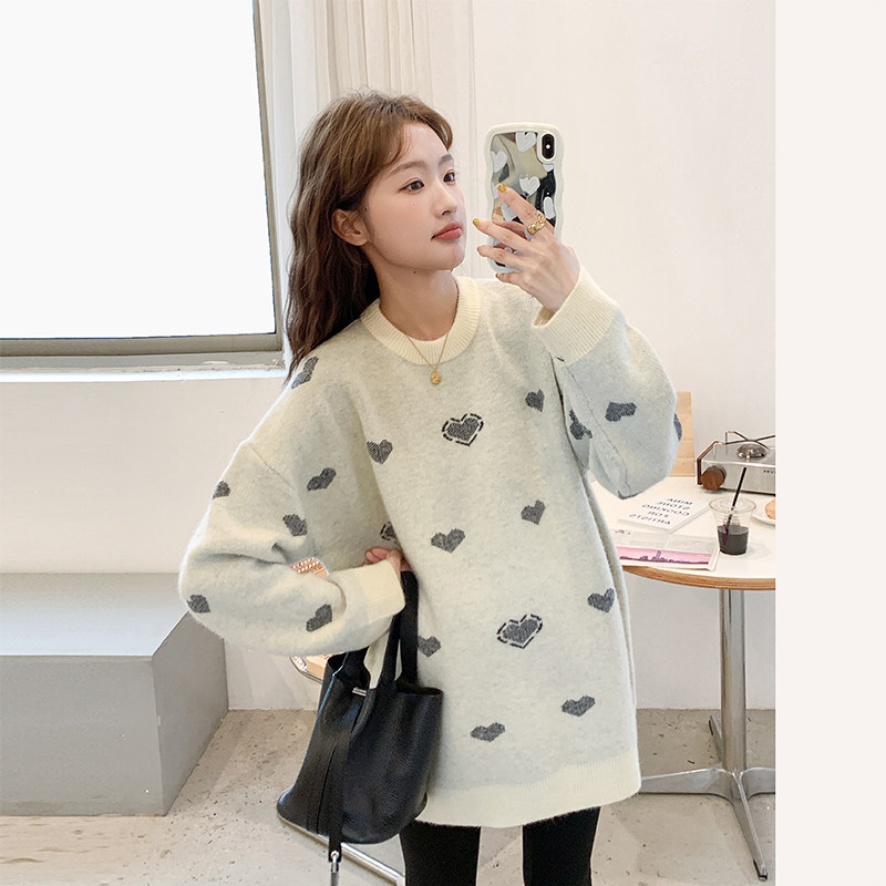 孕妇复古爱心提花毛衣秋冬加厚新款韩系慵懒风上衣外穿宽松针织衫