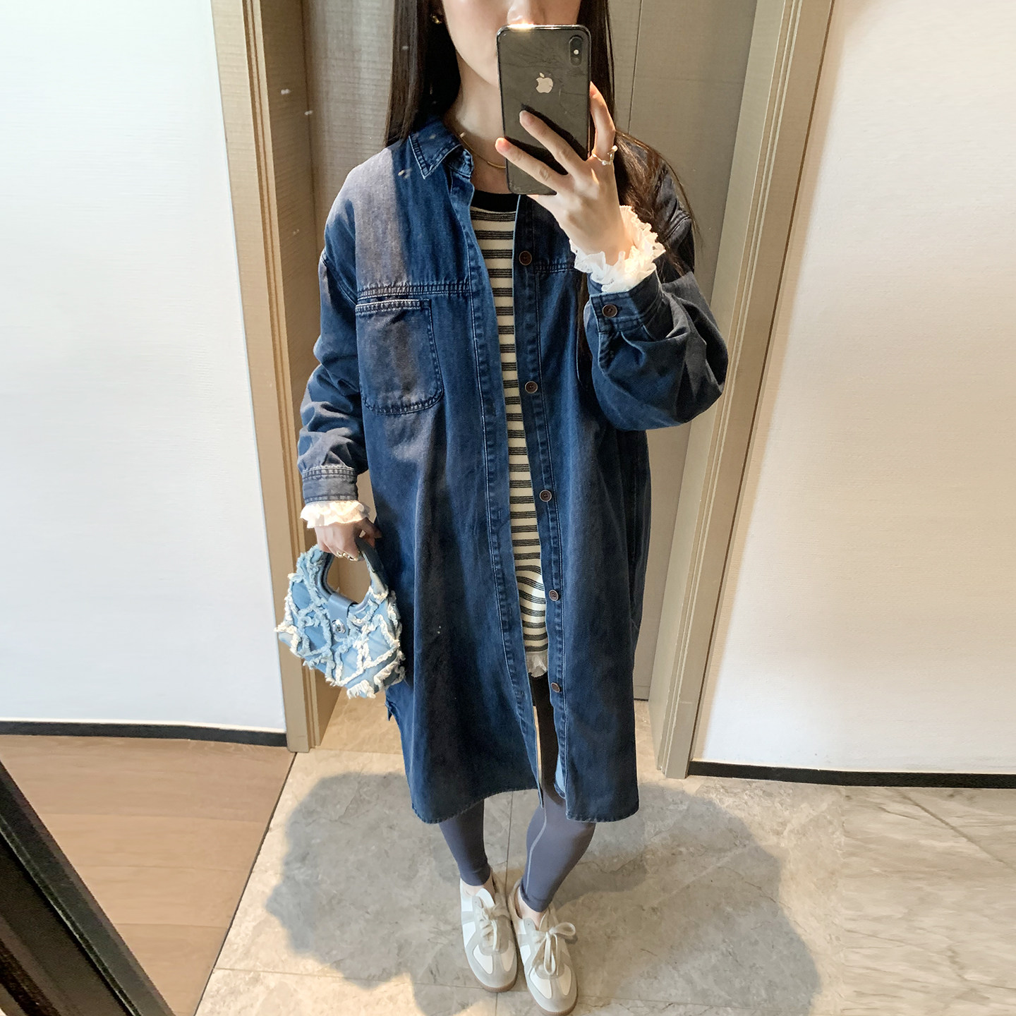 诺初孕妇韩版复古牛仔连衣裙春款牛仔裙小众设计衬衫长袖上衣长款