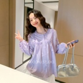 宽松减龄泡泡袖 孕妇衬衫 香芋紫木耳边娃娃衫 甜美孕期上衣 诺初