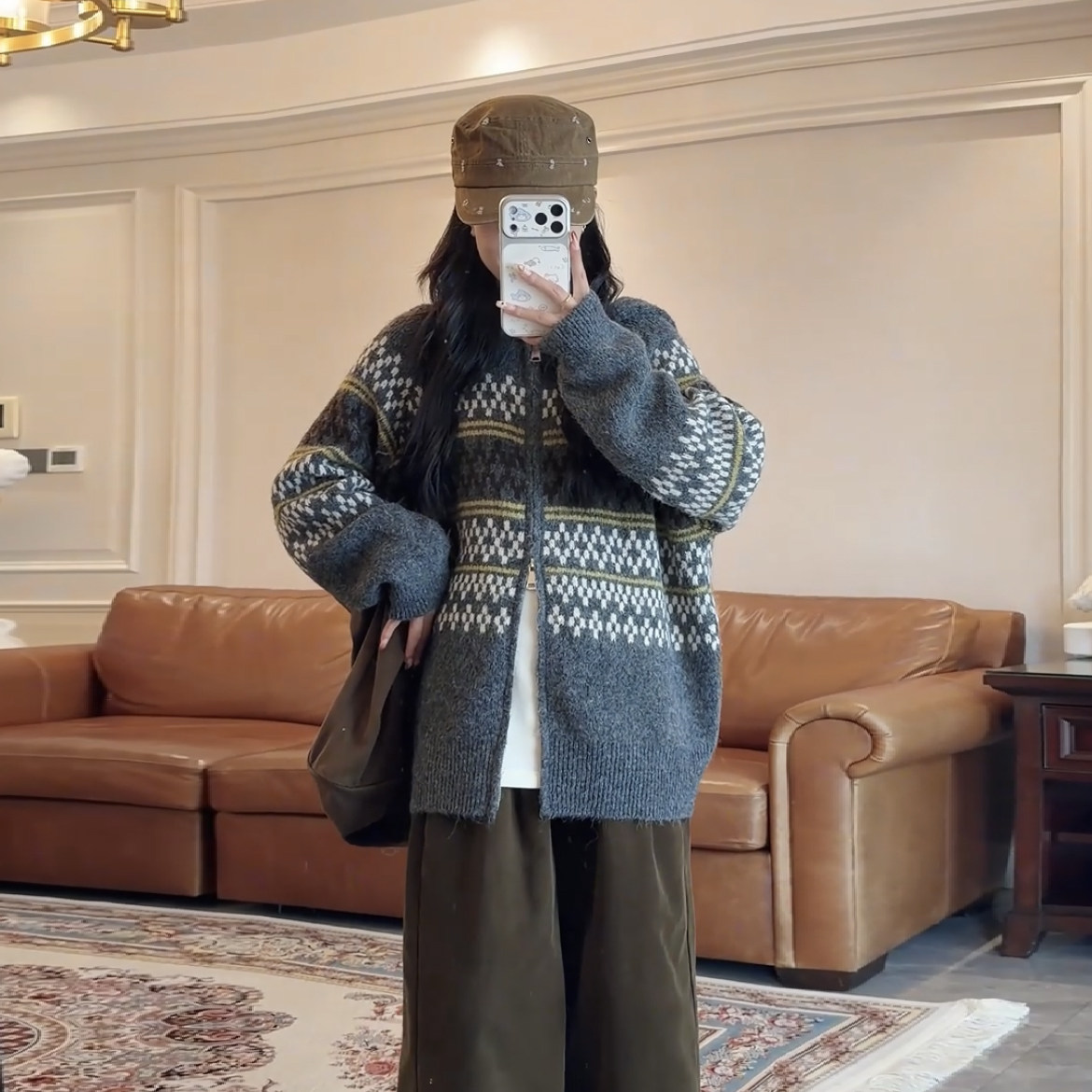孕妇费尔岛提花连帽毛衣秋冬