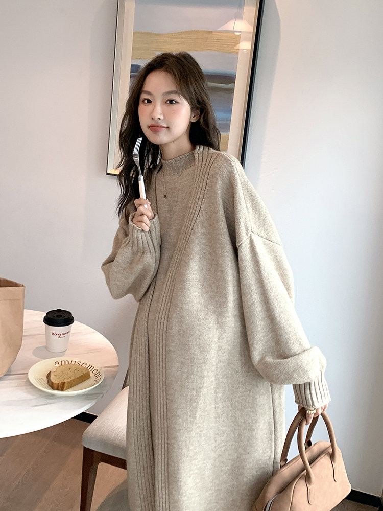 절묘한 핫맘 출산복 니트 카디건 조끼 드레스 투피스 세트 중간 길이 느슨한 가을 겨울 두꺼운 스웨터 재킷