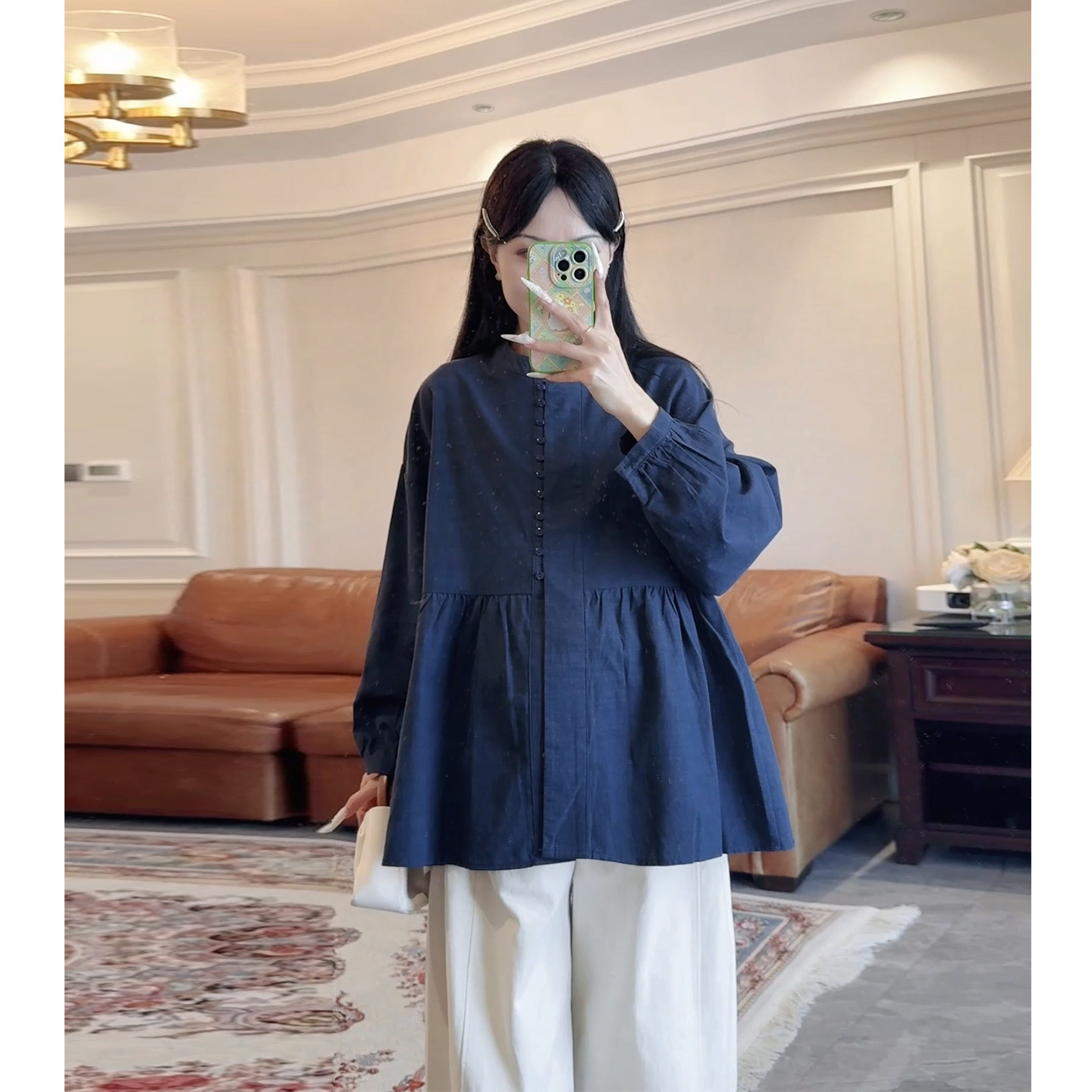 春秋灯笼袖木耳边显瘦孕妇衬衫