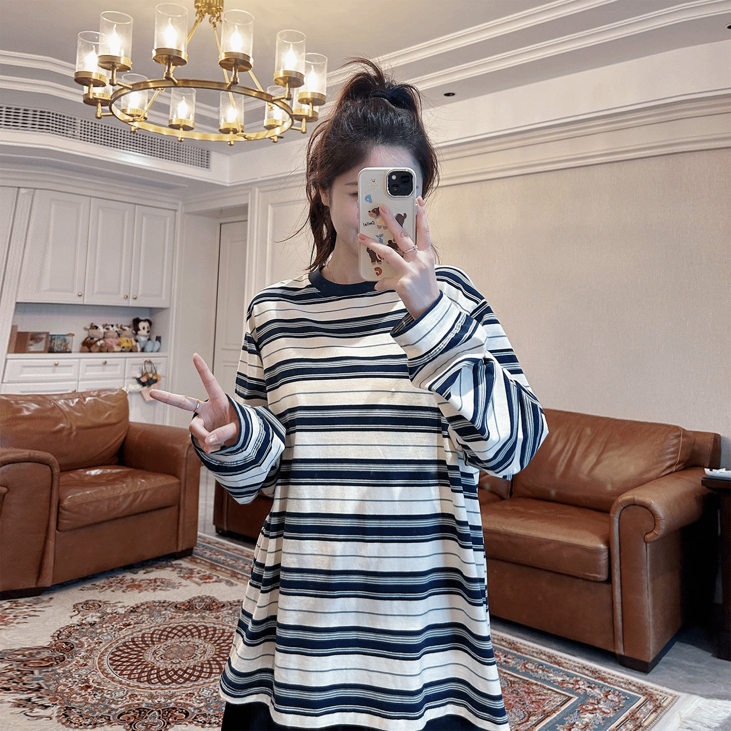 MIU系撞色孕妇条纹长袖T恤春秋宽松遮肉显瘦孕期产后可穿打底上衣