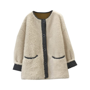 新款 暖呼呼 休闲宽松冬季 格子拼接羊羔毛外套时尚 保暖上衣 孕妇装