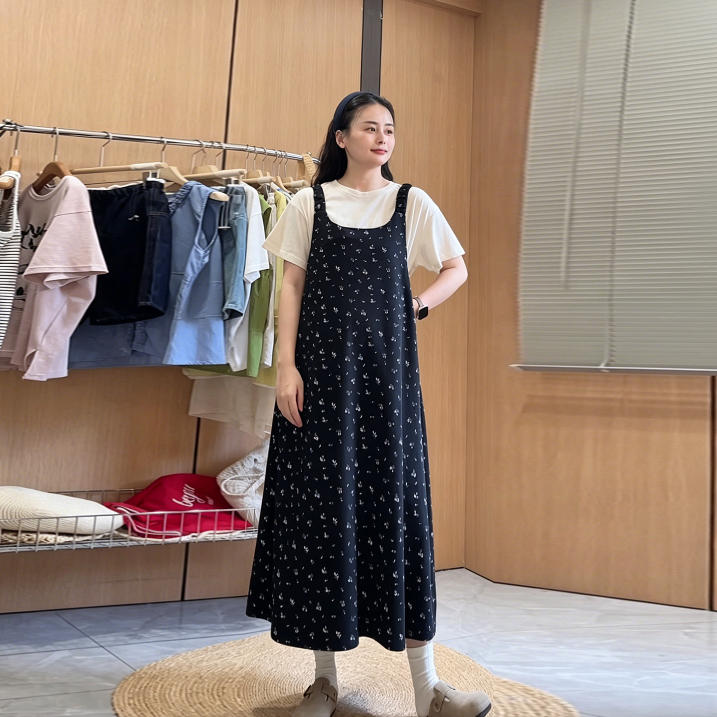 诺初宠爱黑色碎花假两件连衣裙女夏显瘦百搭短裙