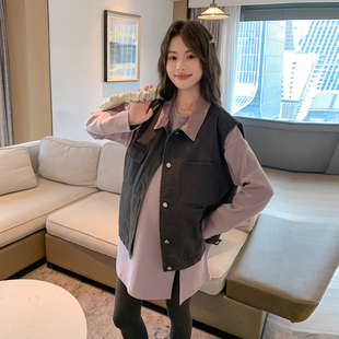 诺初孕妇翻领马夹翻领上衣外套高品质撞色领牛仔工装 马甲洋气时髦