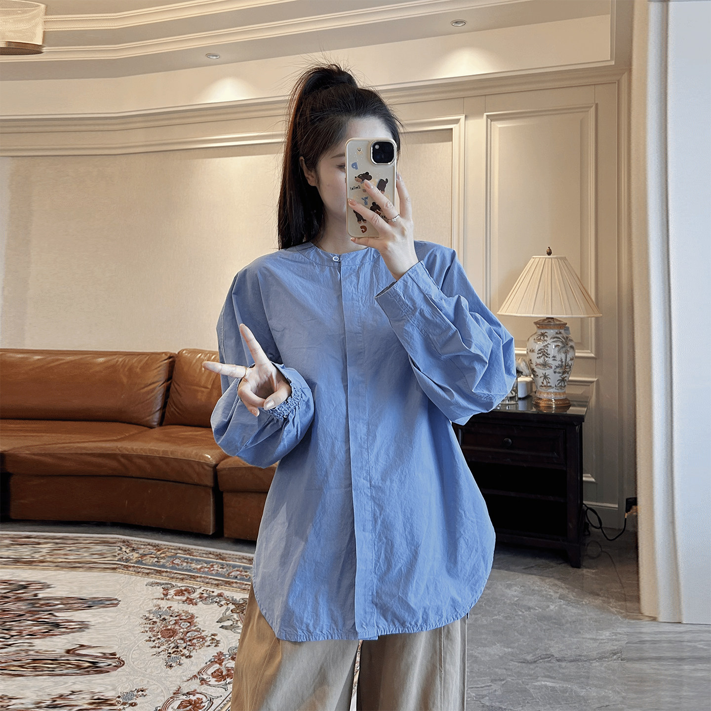 诺初◆韩系温柔风蓝色立领孕妇衬衫春秋宽松显瘦长袖上衣孕期百搭