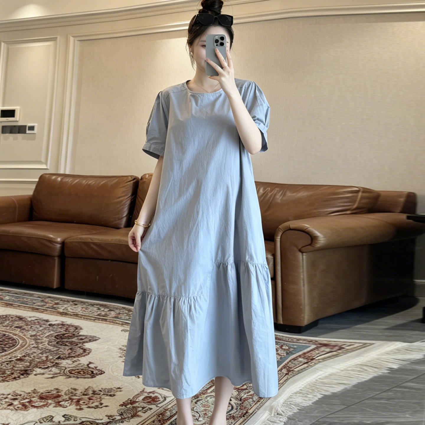 诺初松弛感短袖连衣裙女蓝色中长款显瘦气质裙2026夏季孕装慵懒风