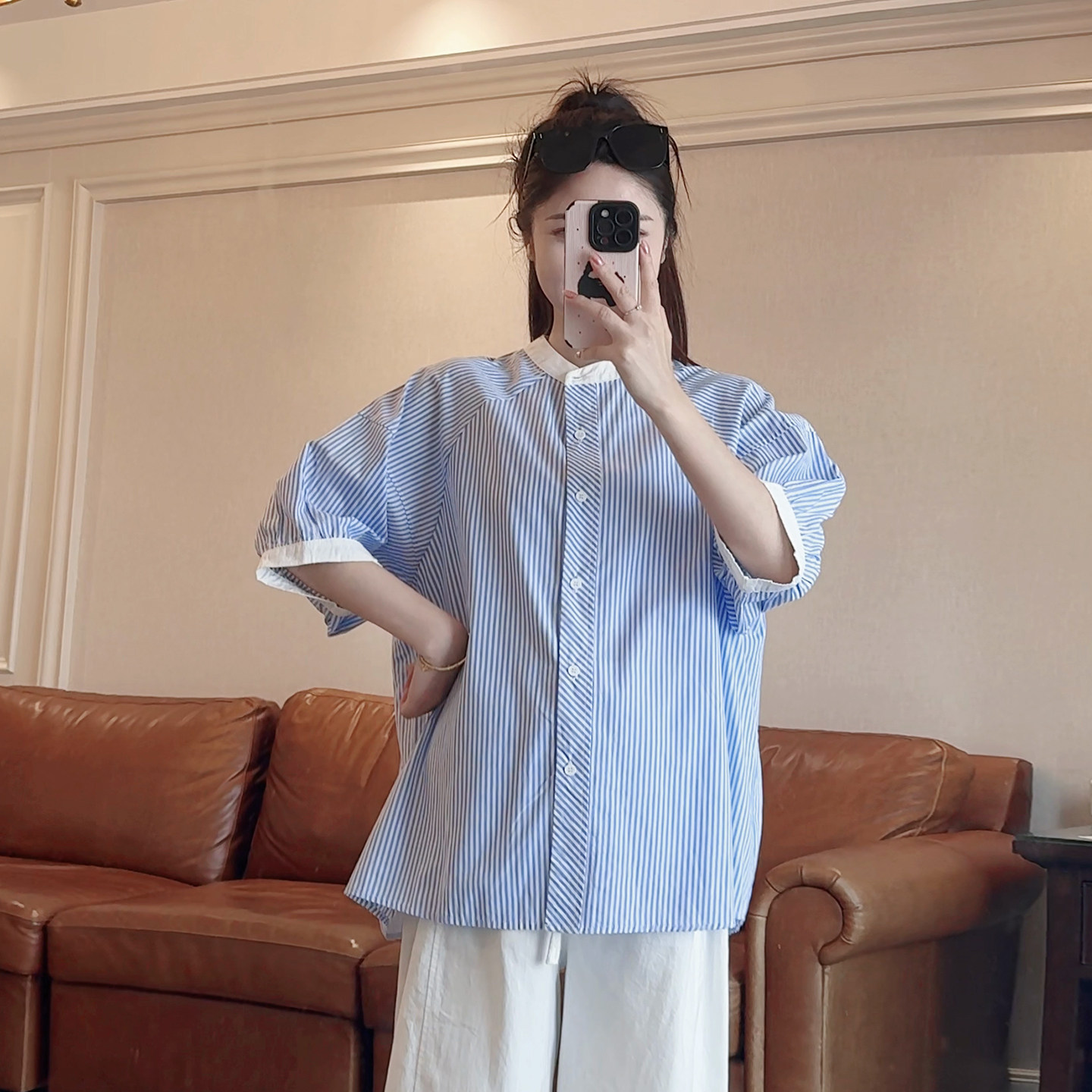 夏季短袖条纹衬衫女休闲宽松通勤百搭显瘦小个子衬衣