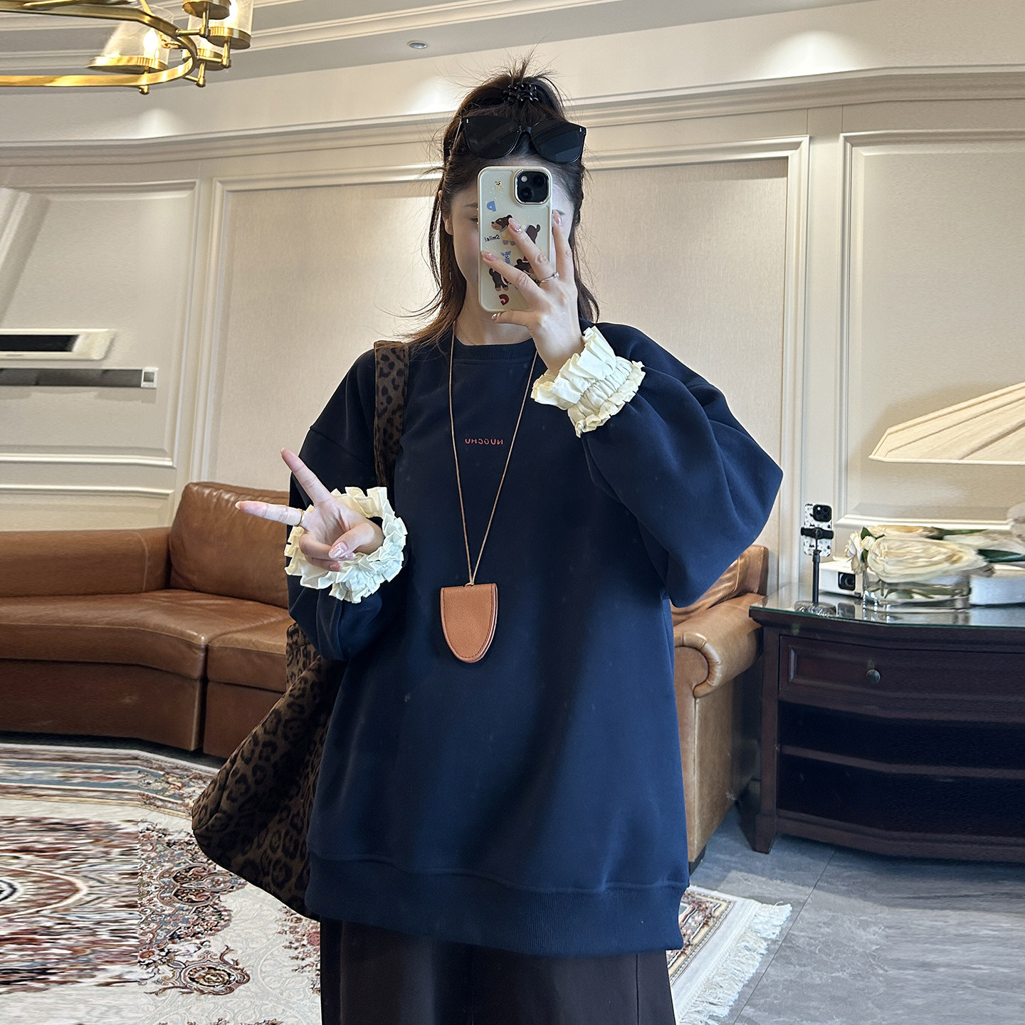 ◆诺初◆孕妇秋装百搭花边袖甜美卫衣韩版套头中长款宽松休闲上衣