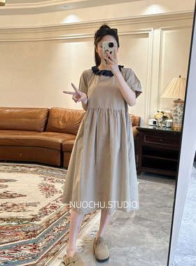 ◆诺初◆孕妇格纹短袖连衣裙夏季新款外穿森系优雅宽松A字裙夏装