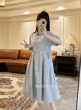 诺初◆孕妇可哺乳连衣裙夏季短袖抽绳收腰裙子洋气宽松遮肚中长裙