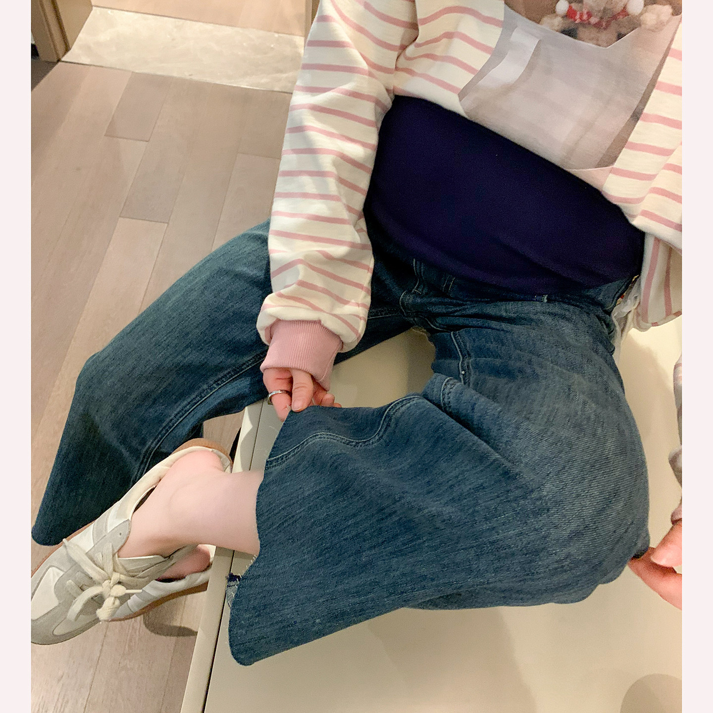 ◆诺初◆孕妇春秋微喇牛仔裤毛边弹力显瘦小个子托腹九分裤休闲裤