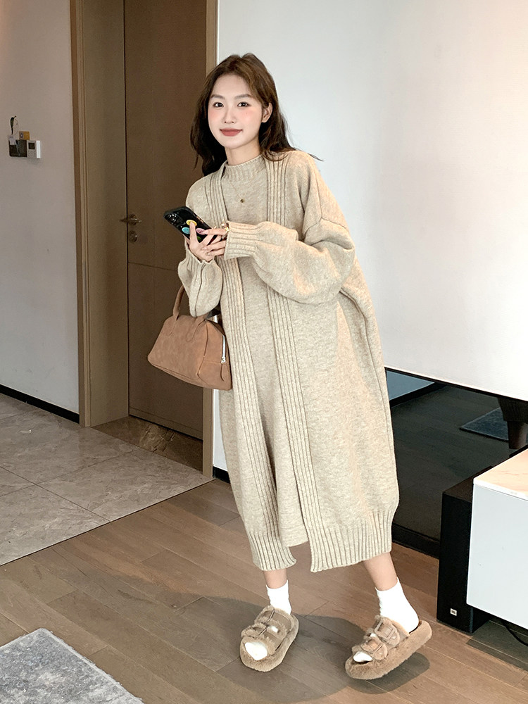 절묘한 핫맘 출산복 니트 카디건 조끼 드레스 투피스 세트 중간 길이 느슨한 가을 겨울 두꺼운 스웨터 재킷