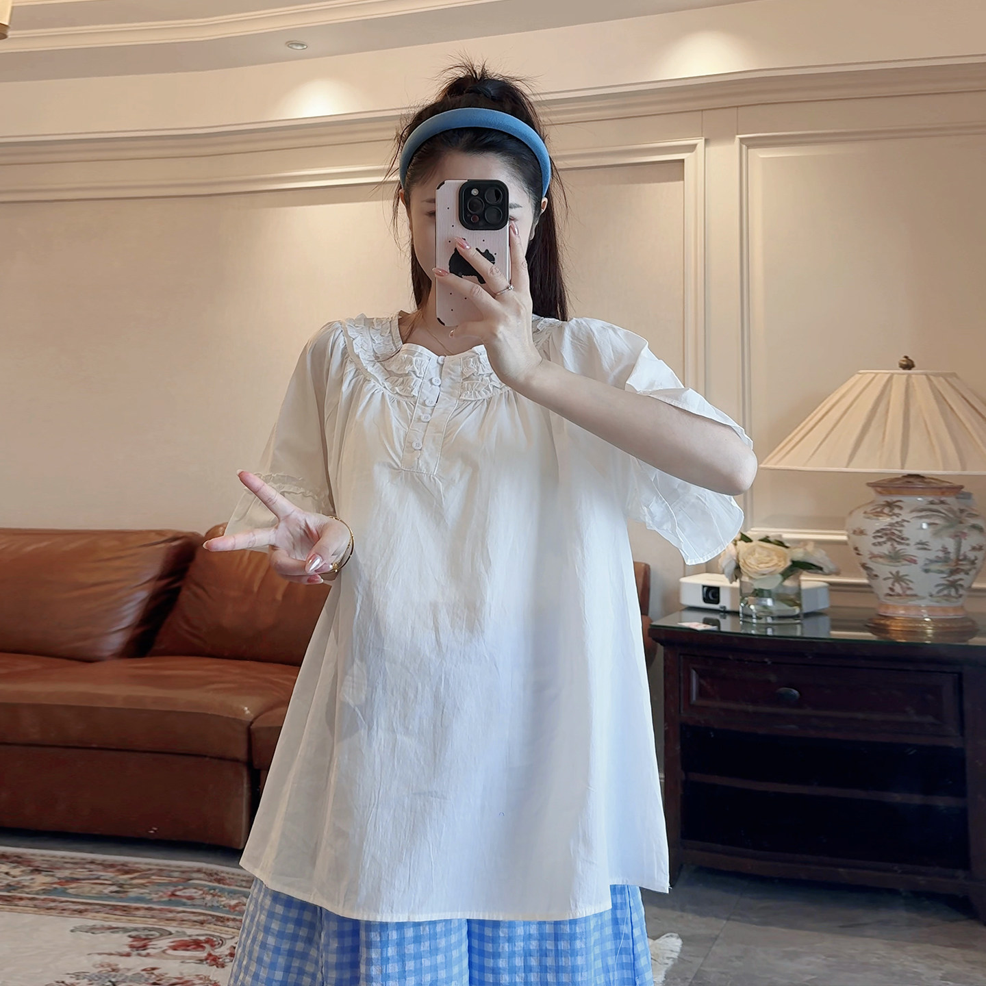 温柔花边领短袖棉衬衫女小个子穿搭上衣泡泡袖休闲洋气宽松中长款
